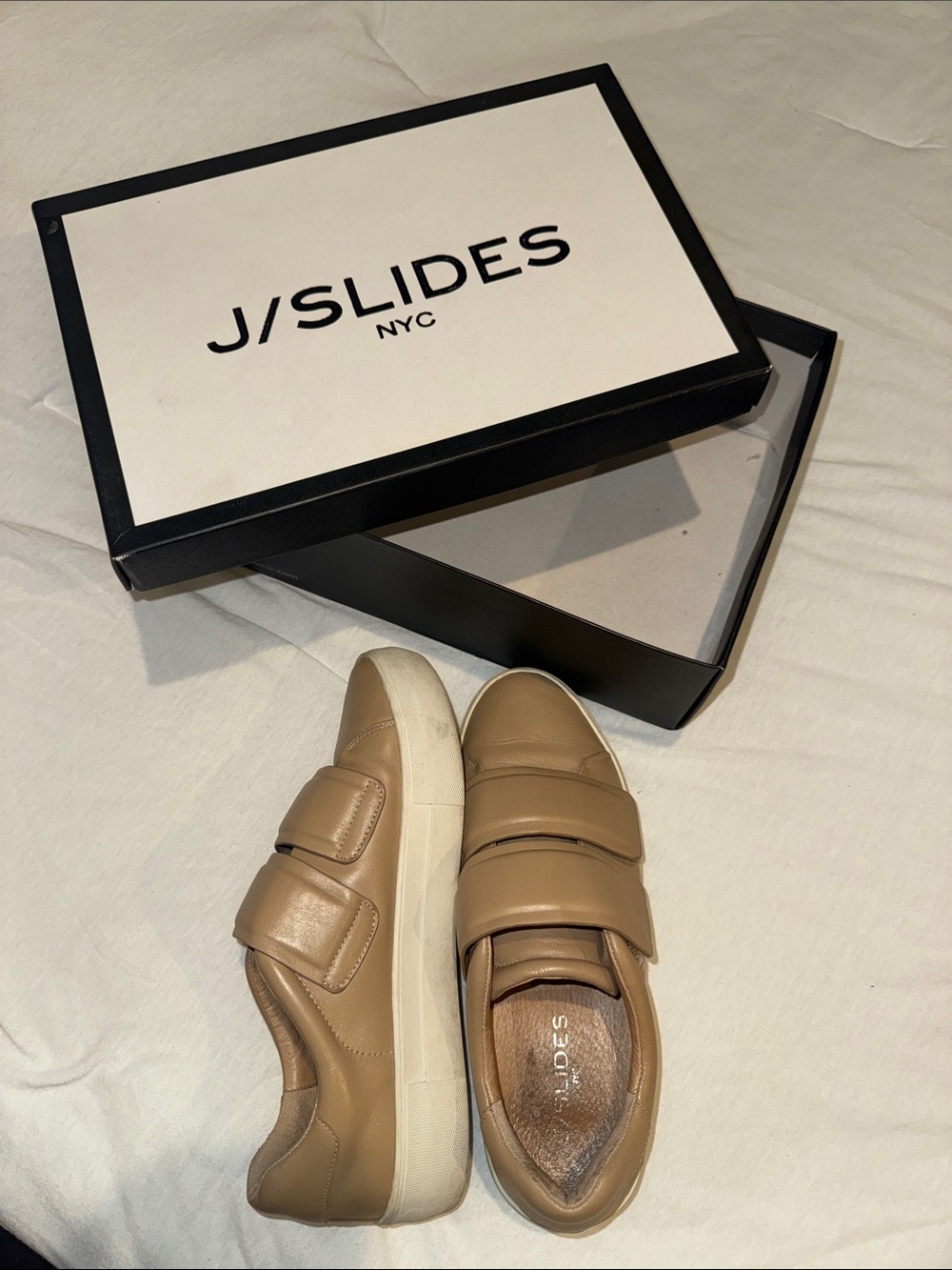 J/SLIDES Tan Leather Velcro Slip-On Sneakers